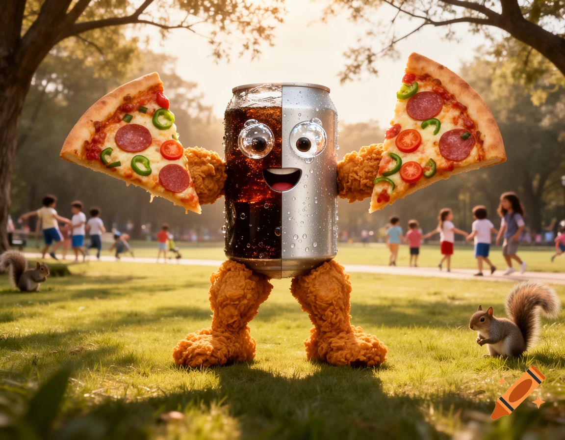 A cheerful mascot with a soda can body, fried chicken legs, and pizza slice arms stands in a sunny park with children.