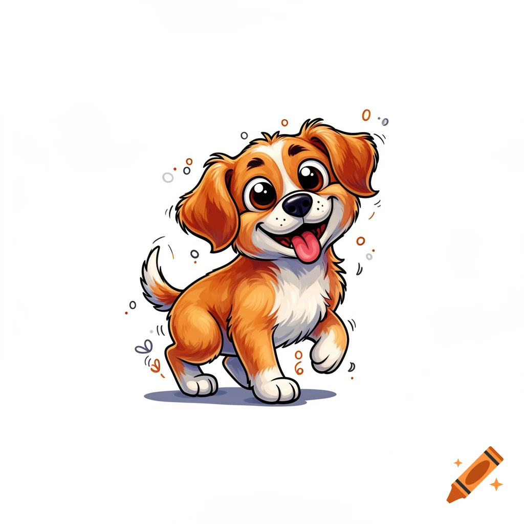Happy brown and white cartoon puppy with big eyes and tongue out, walking playfully on a white background.