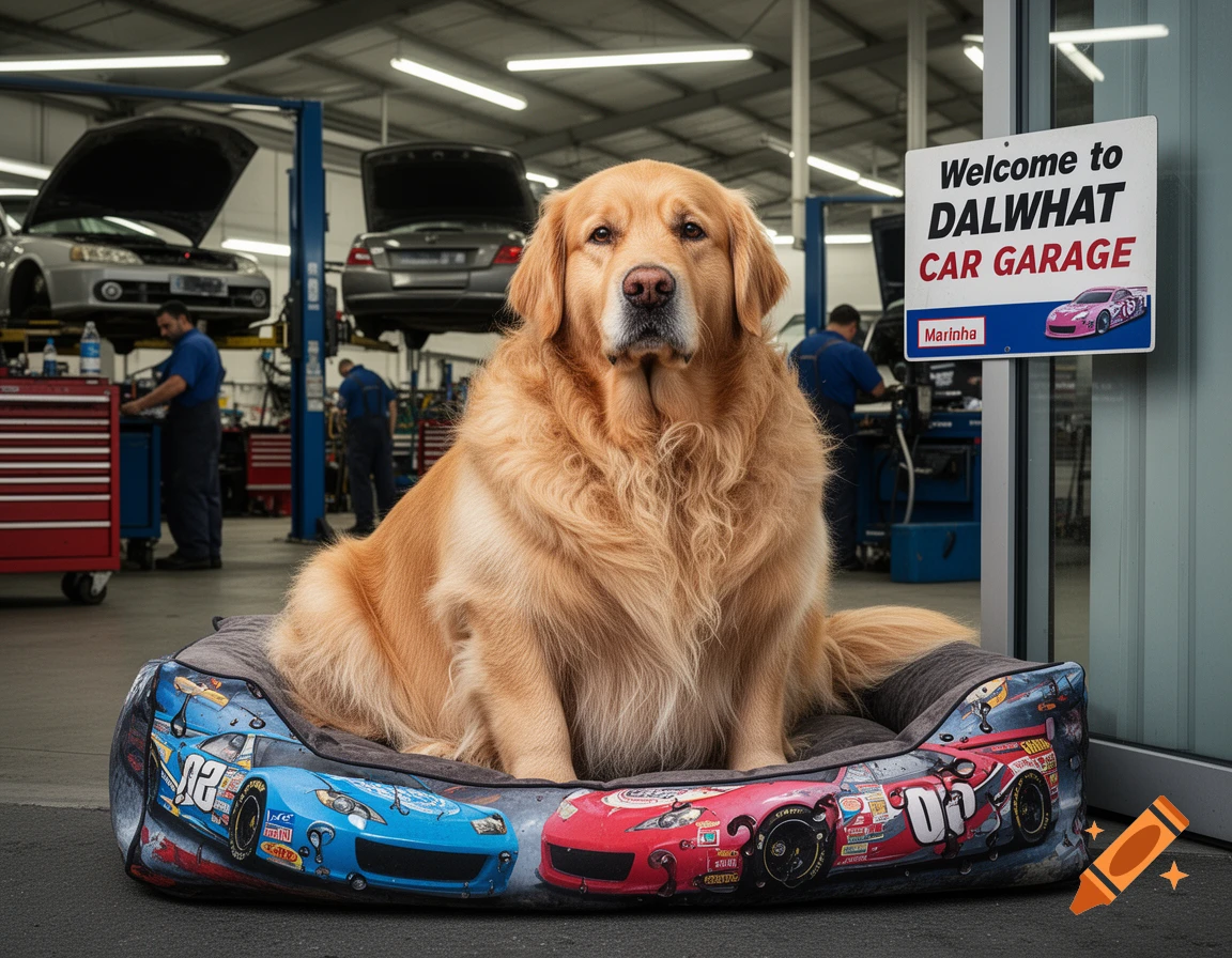 A large golden retriever dog sits in a race car dog bed inside a car garage with a 'Welcome to DALWHAT CAR GARAGE' sign.