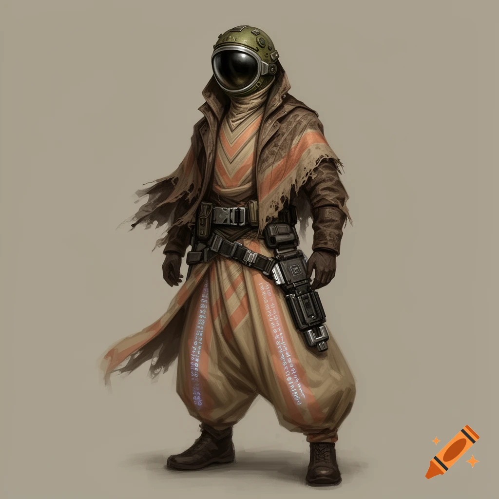 A futuristic figure in a tattered jacket, harem pants with runes, an olive-green helmet, and tactical gear, standing.