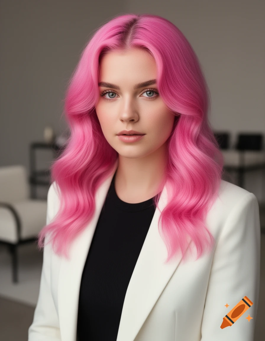 Photorealistic portrait of a young woman with long wavy bright pink hair and light eyes, wearing a black top and white blazer.