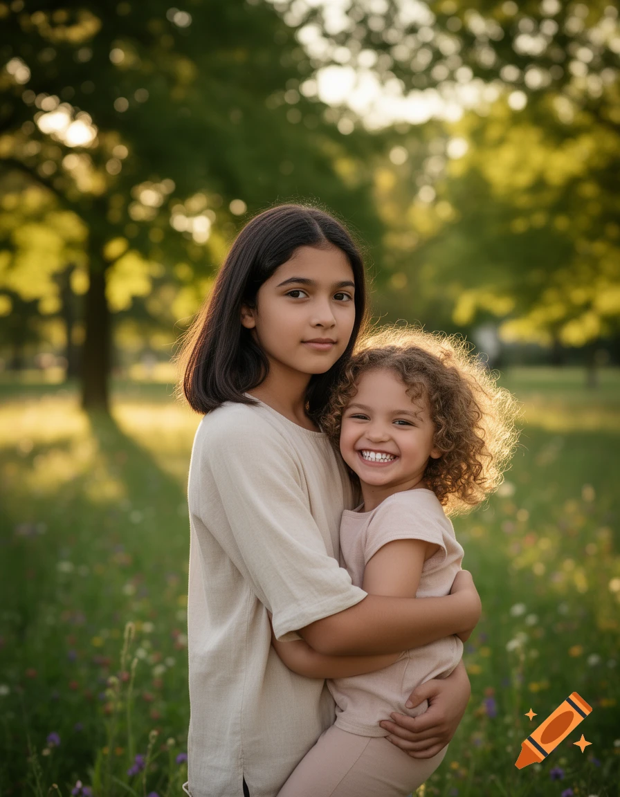 A big sister carries her smiling little sister in a sunlit field, with trees in the background. Photorealistic style.