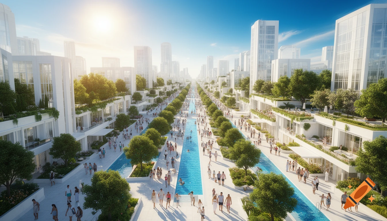 A bright, futuristic city street lined with tall white buildings, green trees, and long blue swimming pools, bustling with people under a sunny sky.