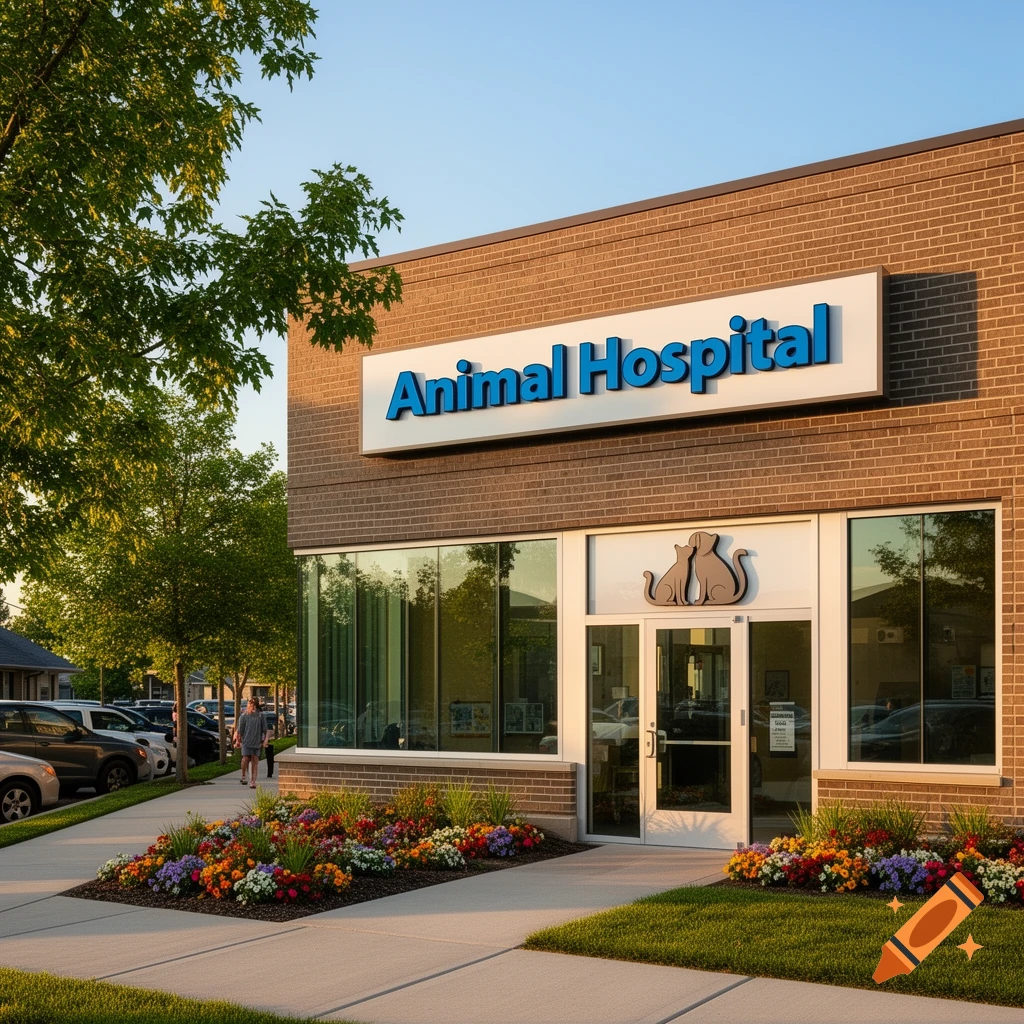 Photorealistic image of an Animal Hospital building with a large blue sign, surrounded by colorful flowerbeds and green grass under a clear sky.