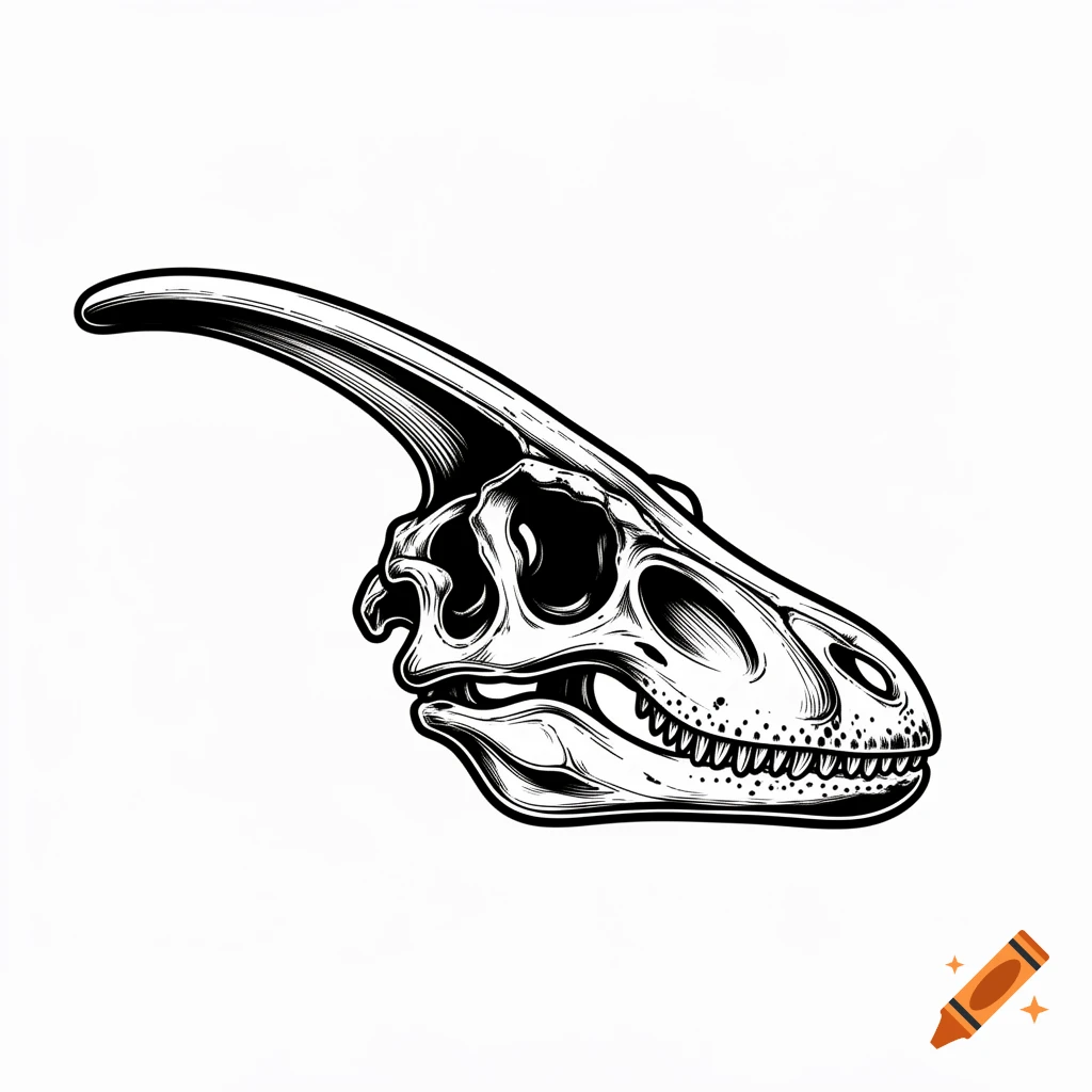 A detailed blackwork illustration of a parasaurolophus skull.