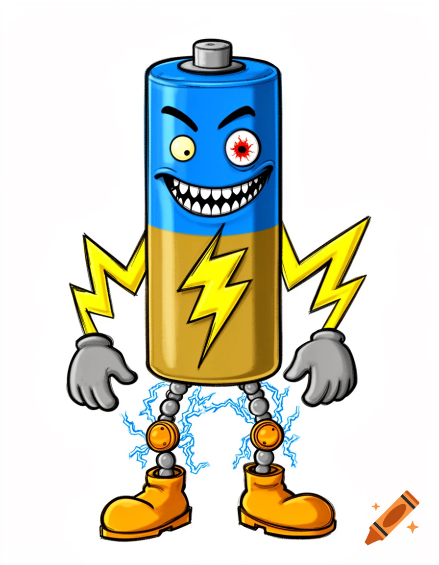 A digital drawing of a cartoon monster character shaped like a battery with a blue top, gold bottom, lightning bolt arms, gray hands, mismatched eyes, a manic grin, and orange boots.
