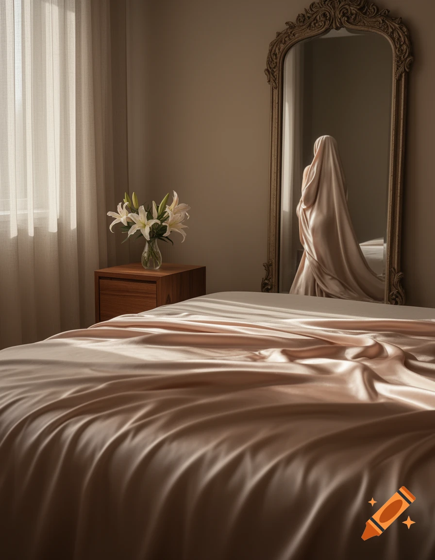 A serene, photorealistic bedroom with a bed covered in satin sheets, a nightstand with white lilies, and a draped figure reflected in an ornate mirror.
