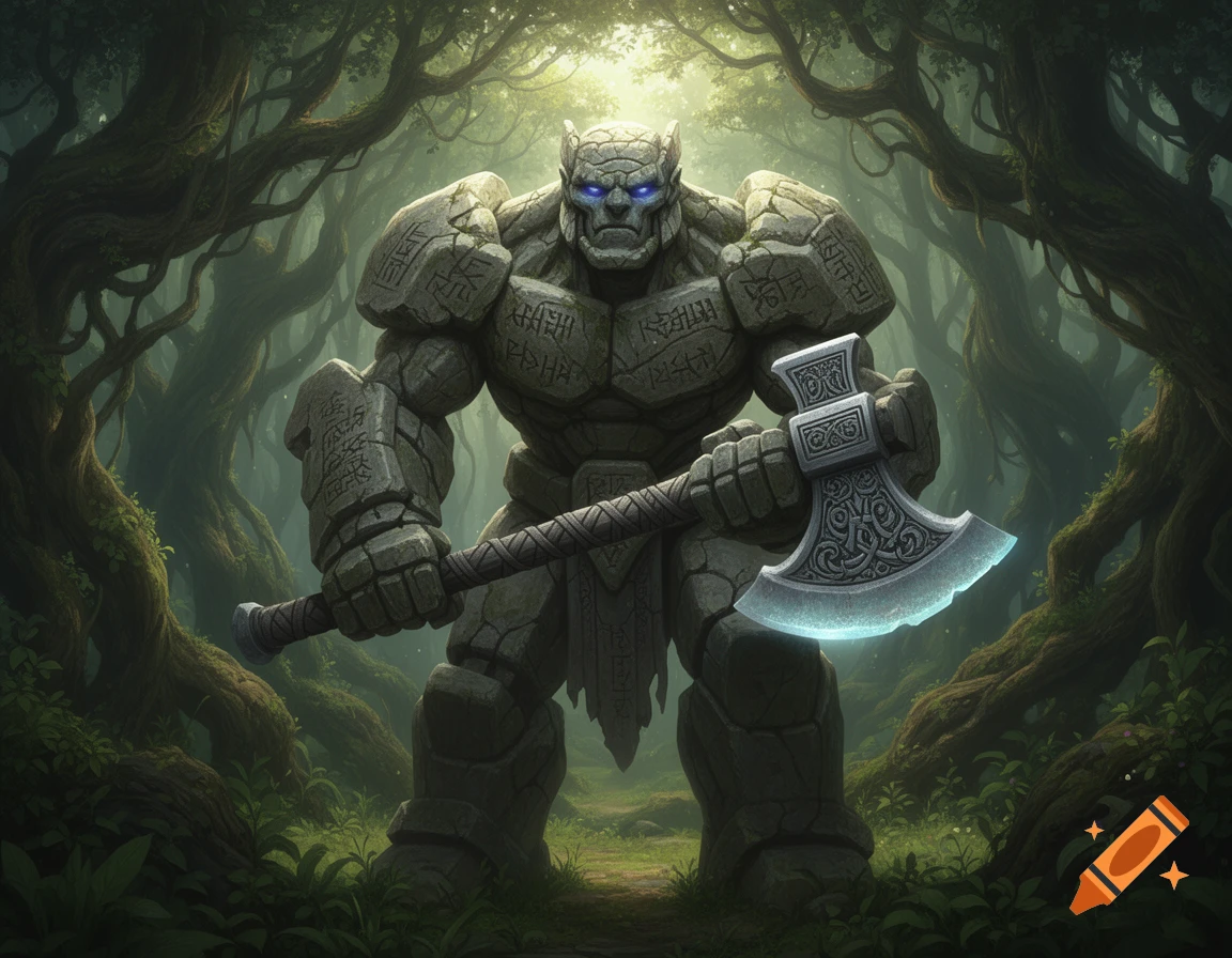 A massive stone golem with glowing blue eyes holds a glowing double-bladed axe in a mystical forest.