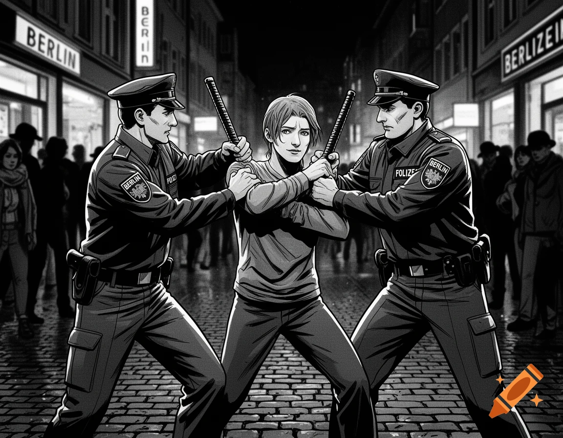 Two black-and-white graphic novel style police officers in Berlin apprehending a person on a cobblestone street at night.