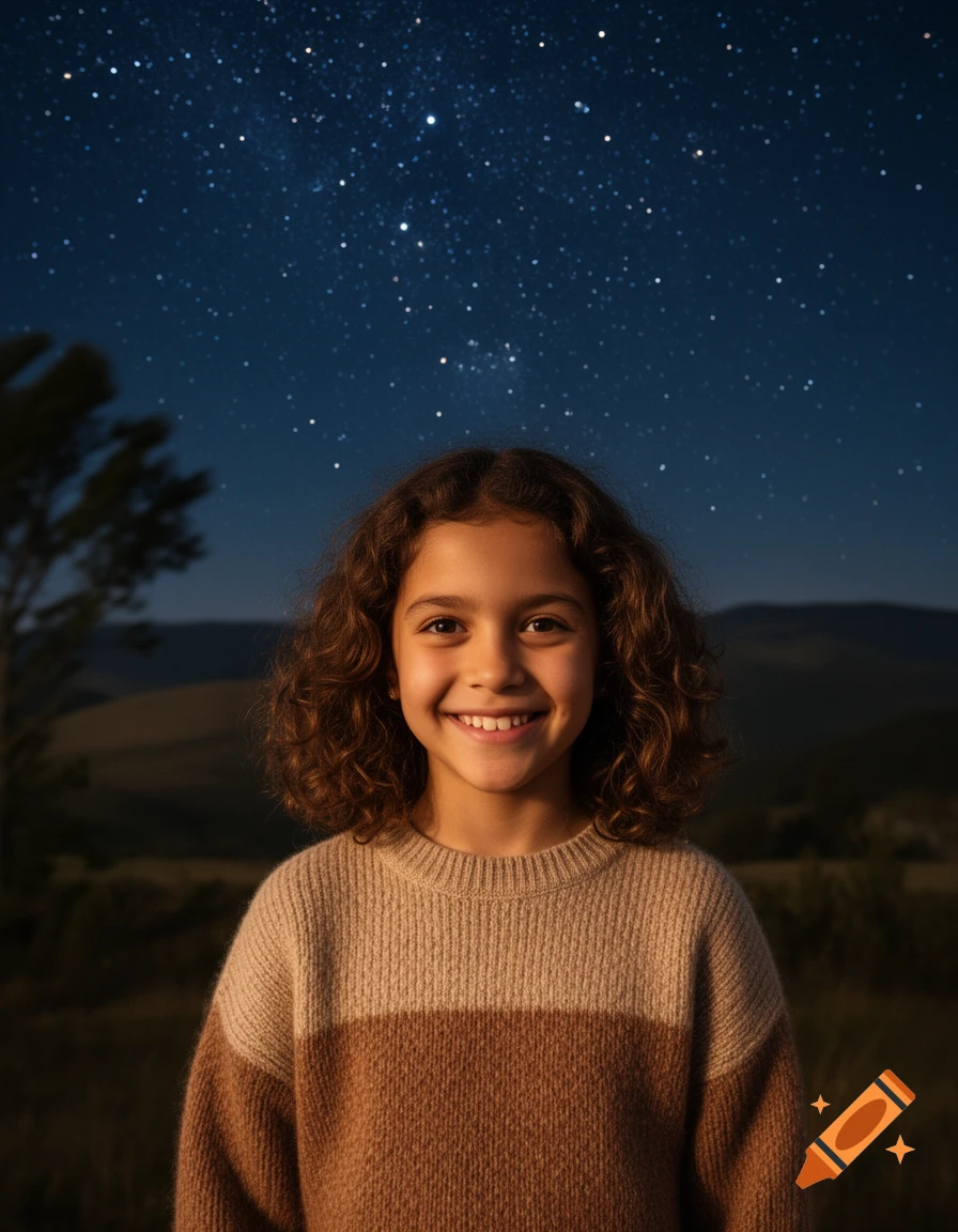A young girl with curly brown hair smiles warmly against a backdrop of a clear, starry night sky, creating a cozy atmosphere.
