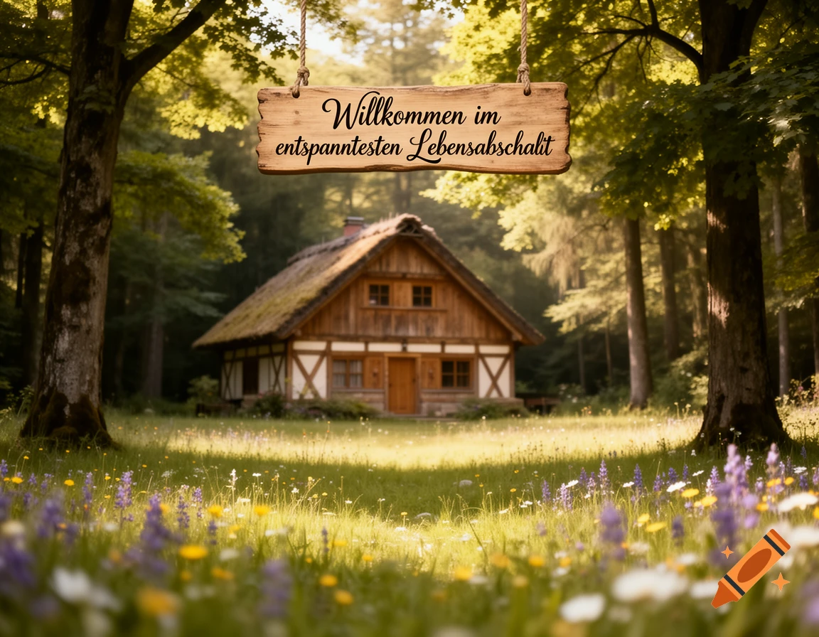 A charming thatched-roof cottage in a sunlit forest clearing with a wildflower meadow and a sign reading 'Willkommen im entspanntesten Lebensabschnitt'. Photorealistic.