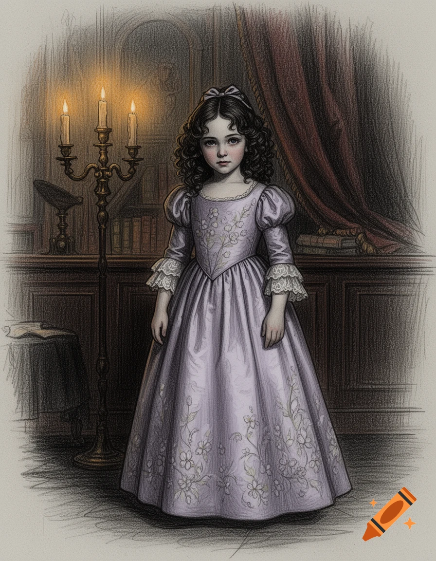 A drawing of a young girl with dark curly hair in a long lavender period dress standing in a dimly lit room with candles and books.