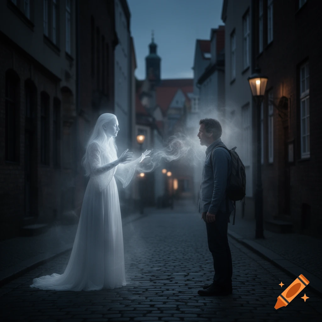 A glowing white ghost woman extends hands toward a man with a backpack on a dark cobblestone street at night, with mist swirling between them.