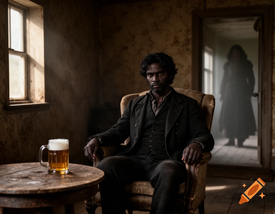 A stern dark-skinned man in an armchair with a beer mug. A blurry, spectral figure stands in a doorway in the dimly lit room.
