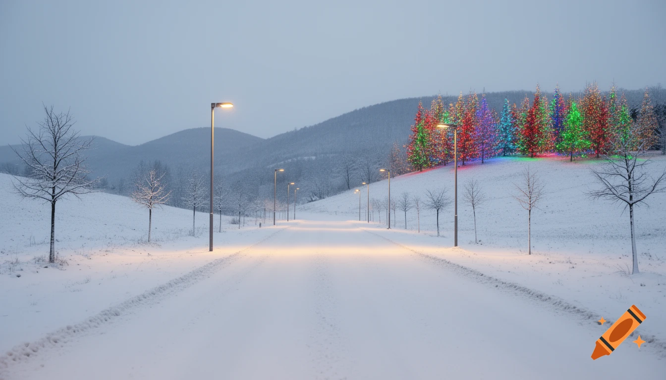A snow-covered road with streetlights, leading towards hills with evergreen trees brightly lit with colorful Christmas lights.
