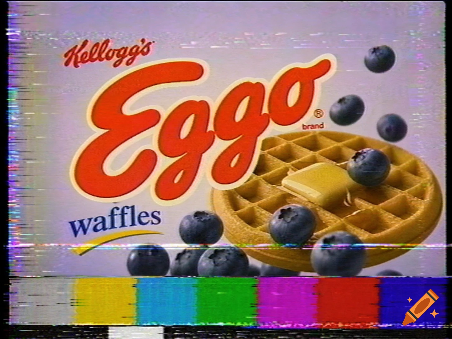 A low-quality, retro 90s-style image of a Kellogg's Eggo waffles box with blueberries and butter, featuring VHS effects and color bars.