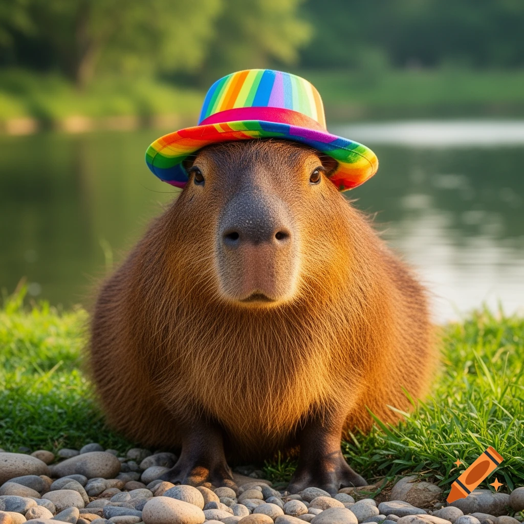 A capybara with a rainbow-striped hat sits by a lake, surrounded by green grass and pebbles.