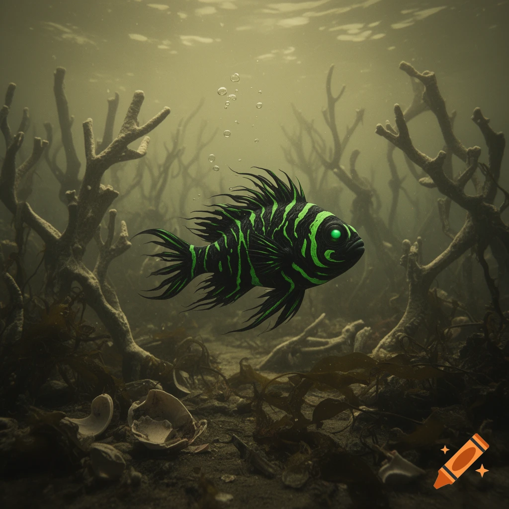 A black and green striped fish with glowing eyes swims in a murky, dark underwater reef with skeletal coral.