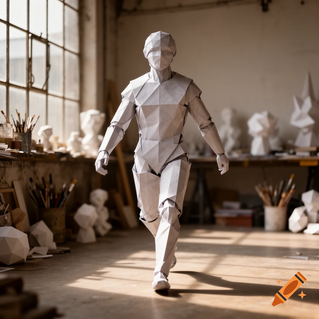 A photorealistic image of a white paper-sculpture person walking through a sunlit art studio.
