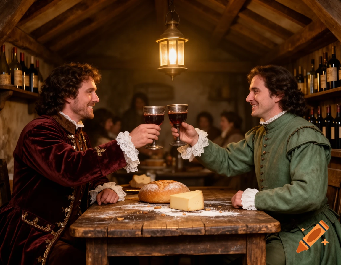 Two men in 17th-century attire, one in red velvet, the other in green, toast with wine in a rustic tavern.