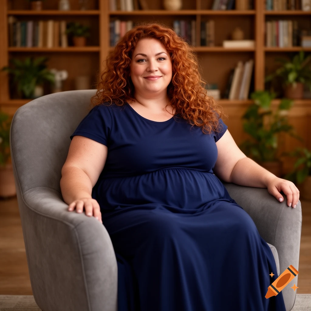 A smiling woman with curly red hair sits in a grey armchair in a room with bookshelves.