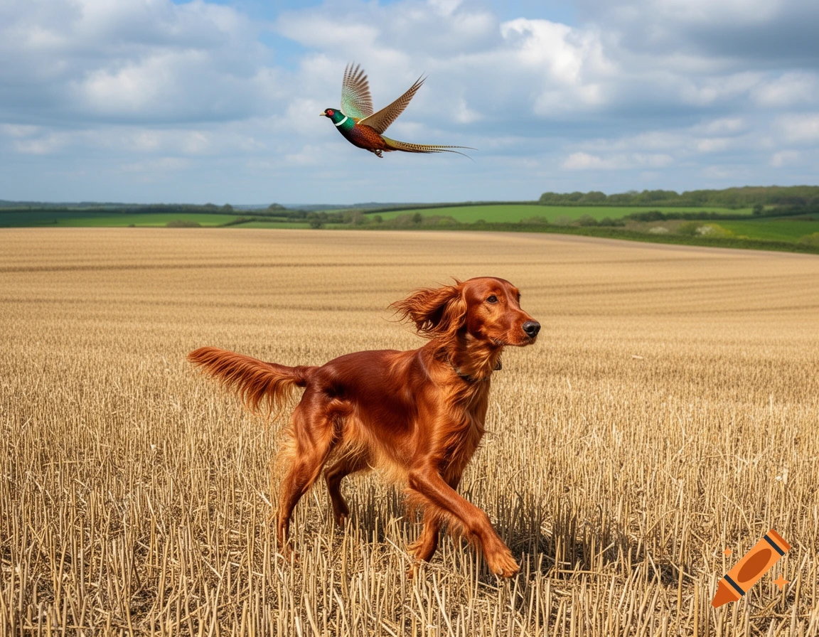 An Irish Setter runs through a stubble field as a pheasant flies overhead under a blue sky.