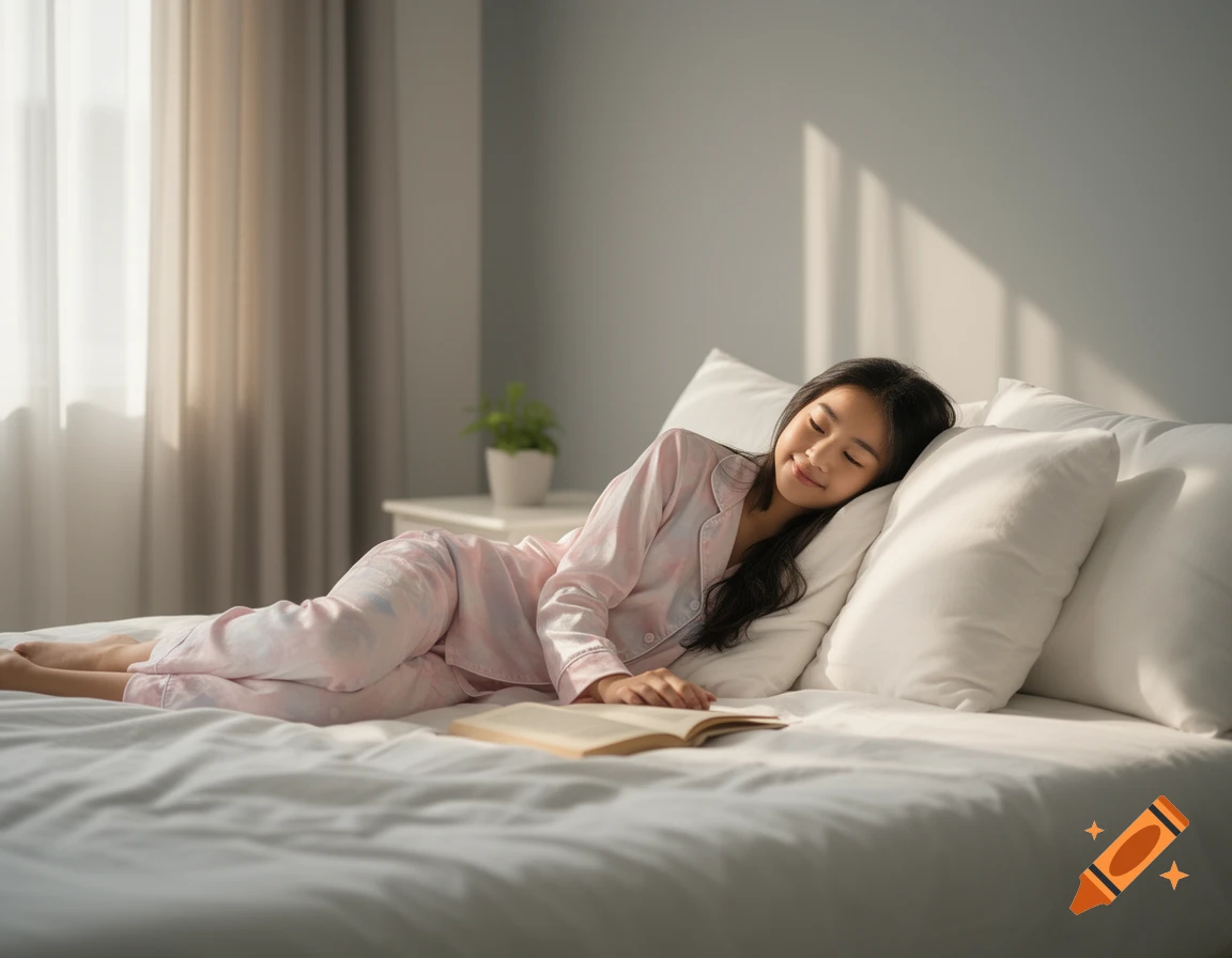 An Asian woman in pink pajamas is resting on a white bed, appearing to sleep next to an open book with sunlight streaming in.