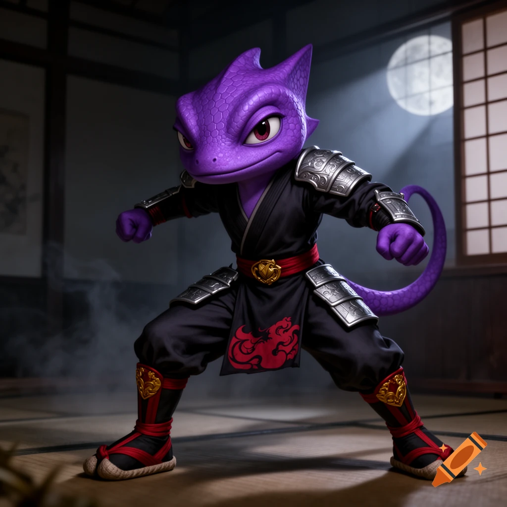 A fierce purple chameleon character in black ninja armor and a martial arts stance, illuminated by moonlight in a traditional Japanese room.