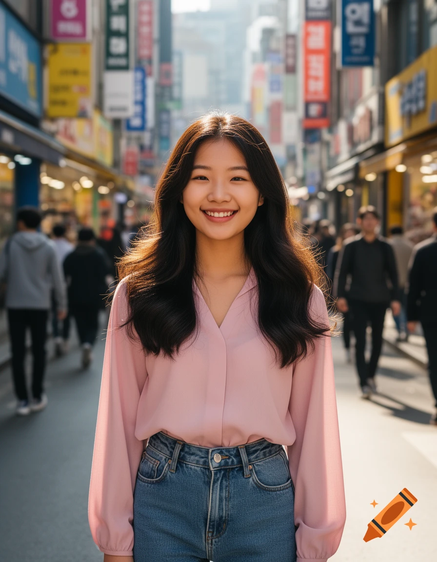 A smiling young Korean woman in a pink shirt and jeans stands on a bustling city street with blurred, brightly lit signs in the background.