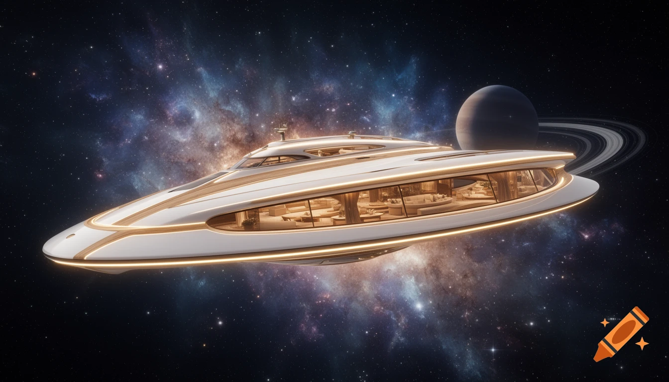 A hyper-detailed, photorealistic white and gold luxury futuristic spacecraft with panoramic windows in deep space, with a ringed planet and nebula in the background.