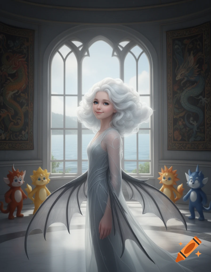 A pale woman with voluminous white hair and delicate white wings stands in a grand hall, smiling, with small cartoon creatures around her.
