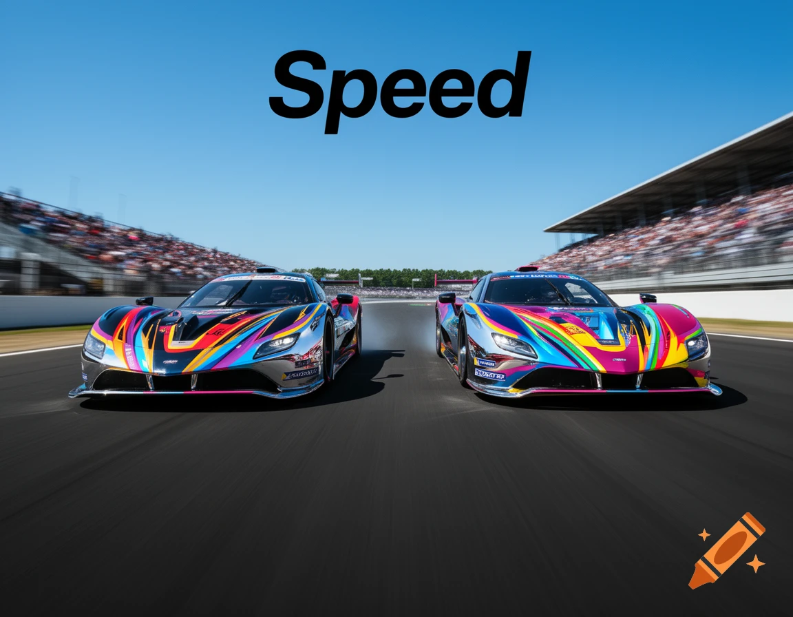 Two vibrant race cars with psychedelic liveries speed down a track under a clear blue sky, with the word "Speed" above them.