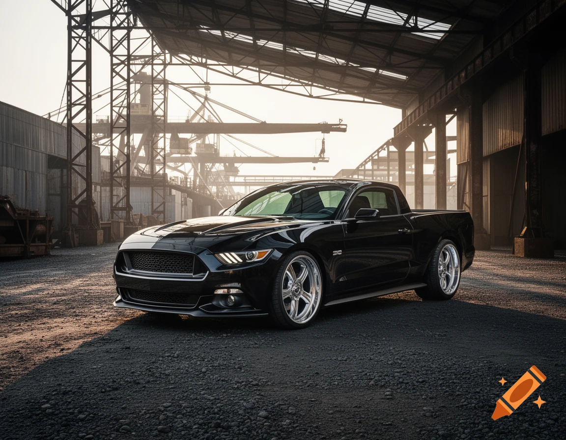 A black Ford Mustang-F350 hybrid pickup truck conversion parked in a large, industrial warehouse during sunset.