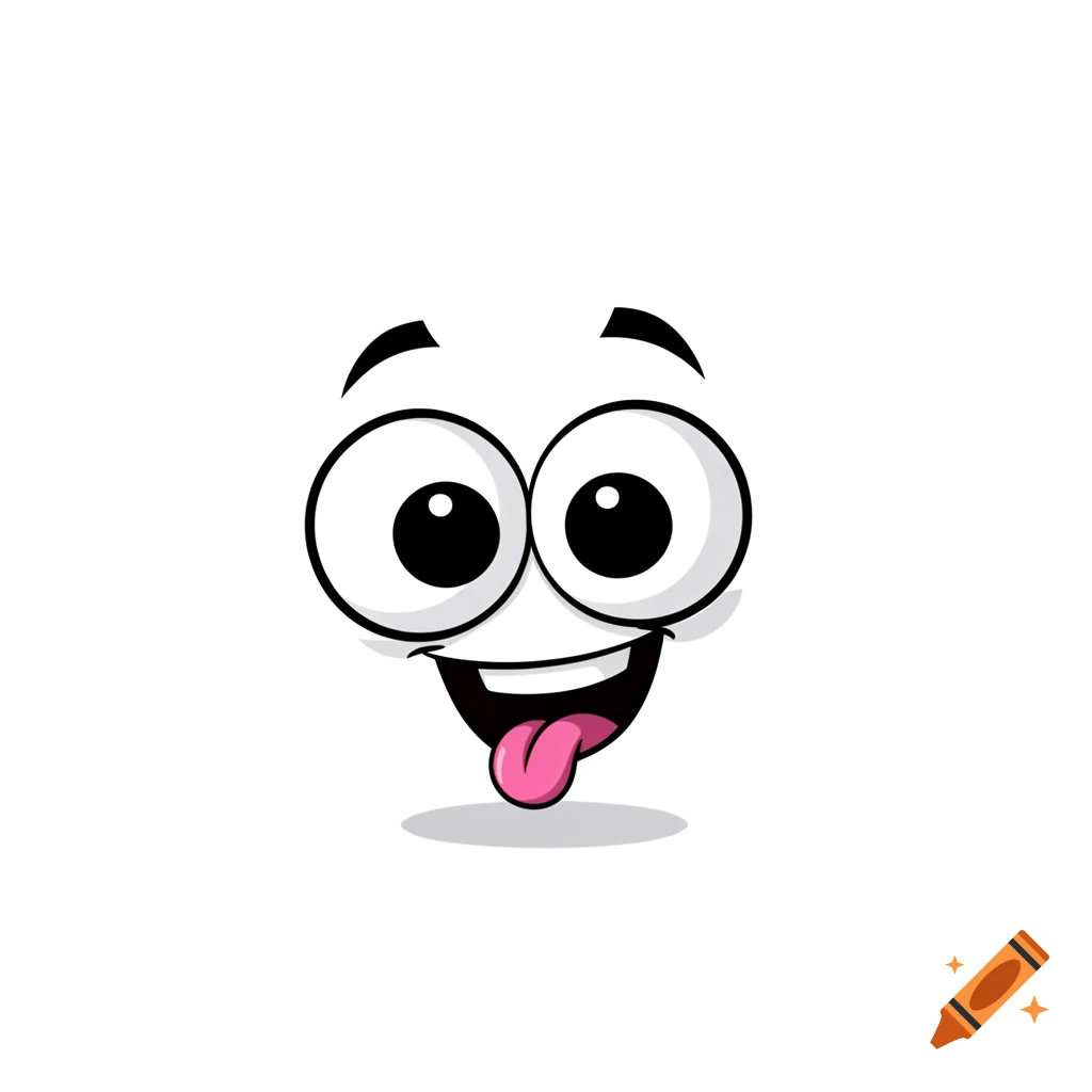 A happy smiling cartoon face with large white eyes, black pupils, black eyebrows, and a pink tongue sticking out, on a white background.