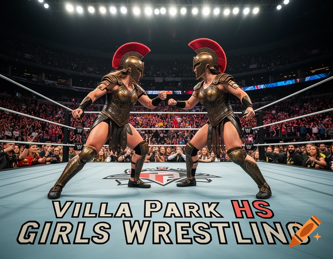 Two female Spartans in bronze armor face off in a wrestling ring with 'VILLA PARK HS GIRLS WRESTLING' on the mat, surrounded by a crowd.