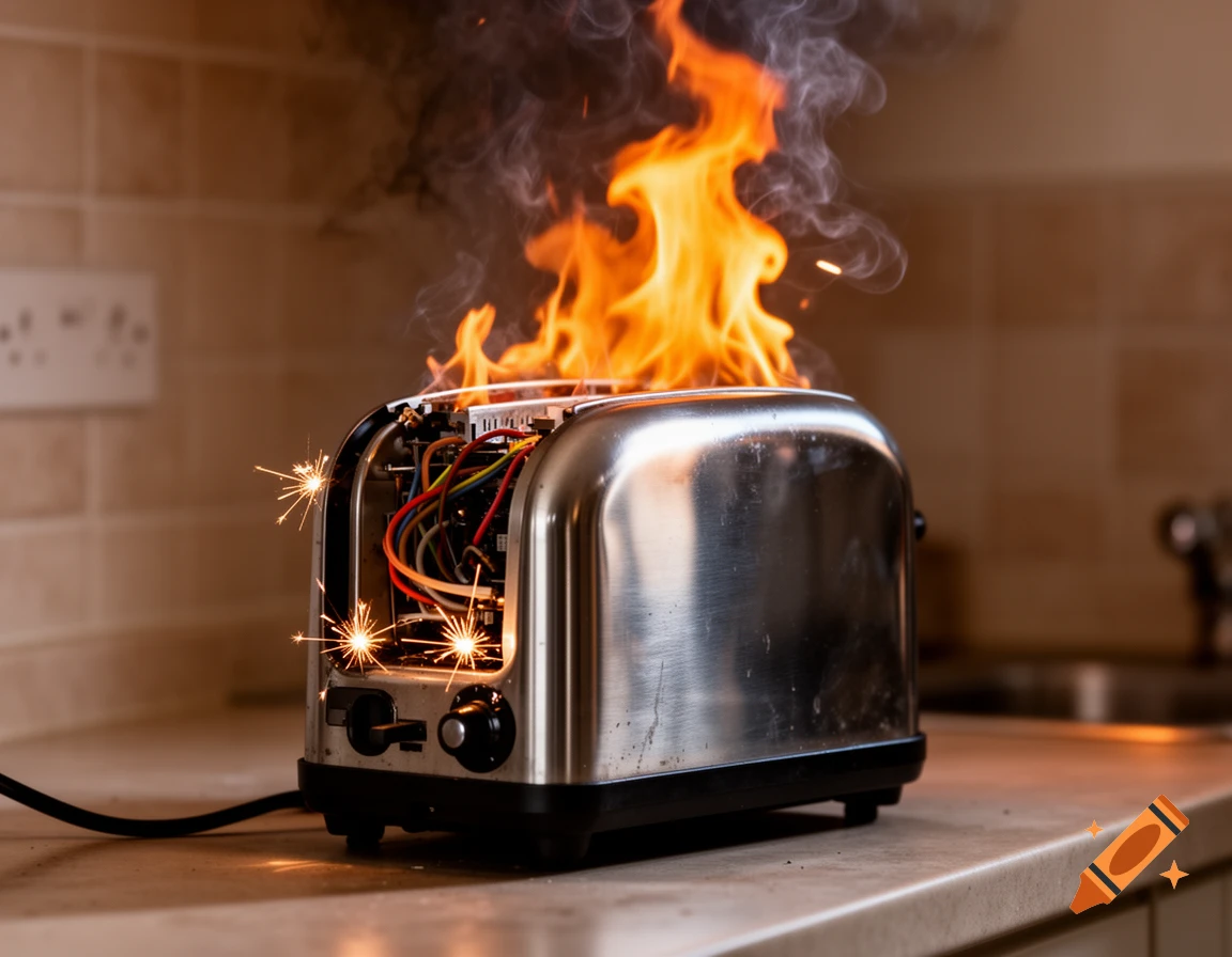 A stainless steel toaster is engulfed in flames and emitting sparks on a kitchen counter, with exposed wires visible.