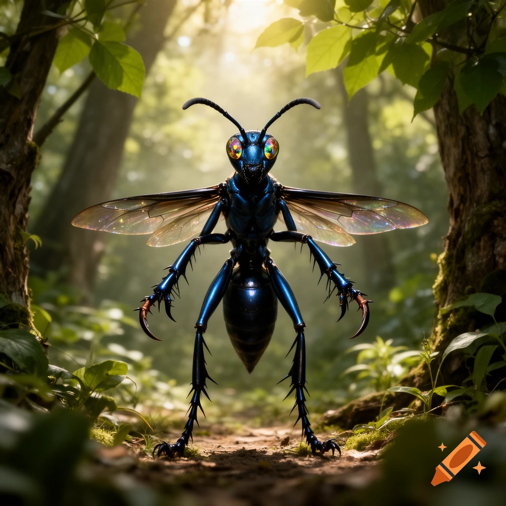 A photorealistic anthropomorphic tarantula hawk wasp, with iridescent blue body and large colorful eyes, stands on a forest path with sunlight filtering through trees.