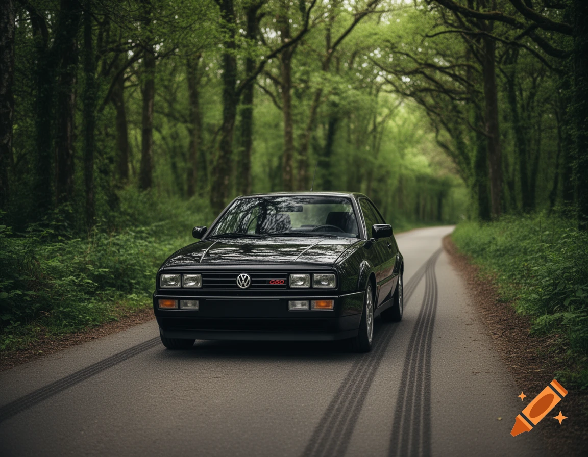 A black VW Corrado G60 drives on a paved road through a dense, green forest with tire marks.
