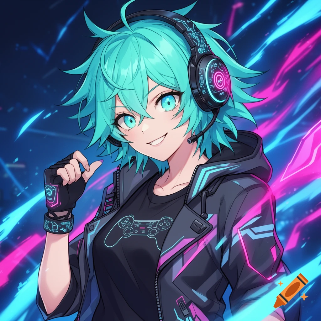 Anime character with teal hair and blue eyes, wearing headphones, a black hoodie, and a t-shirt with a neon game controller, on a neon background.