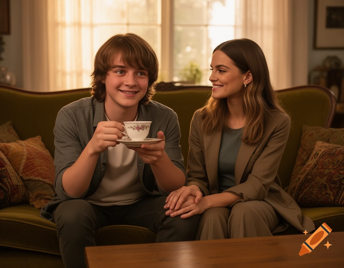A young man with long hair holds a teacup and saucer, smiling on a green sofa next to a smiling woman with clasped hands.