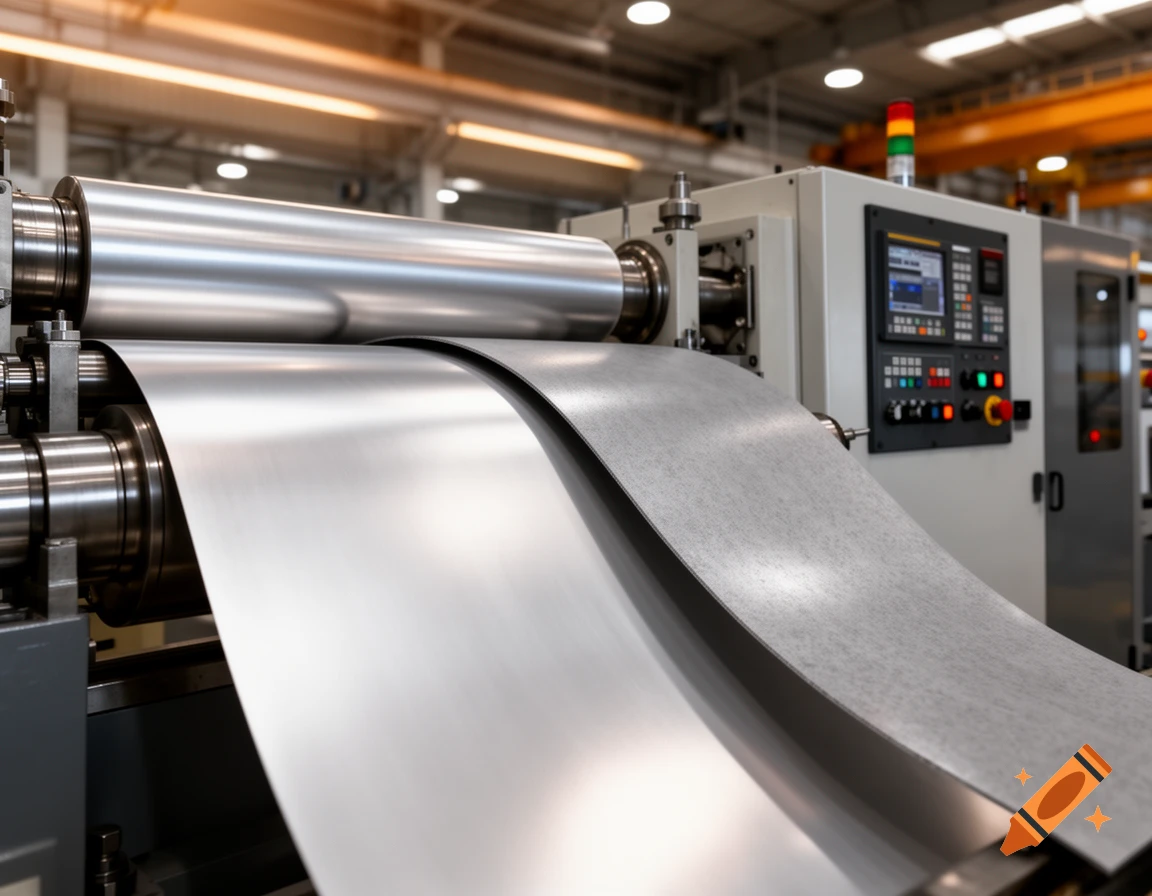 Photorealistic view of metal sheets being processed by rollers in an industrial factory.