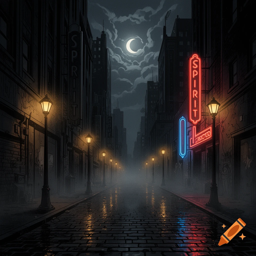 A dark, misty city street at night, with glowing streetlights and a prominent red neon "SPIRIT" sign, under a crescent moon in a cloudy sky, in a comic book style.