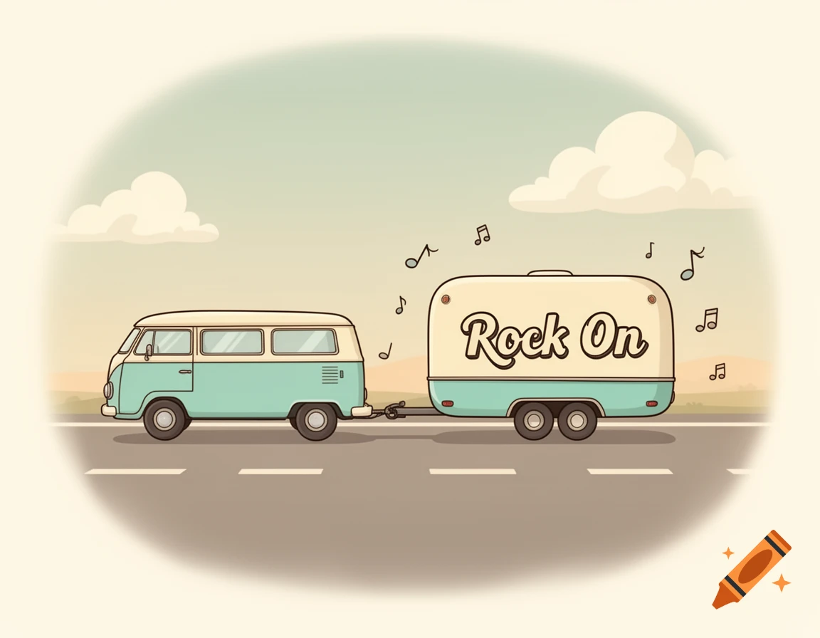 A simple cartoon drawing of a light blue and white vintage van pulling a cream trailer with "Rock On" written on it, surrounded by musical notes, on a road.