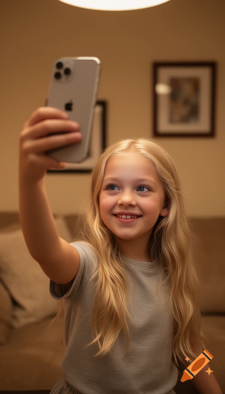 A smiling blonde girl holds an iPhone up to take a selfie in a warm-lit room.