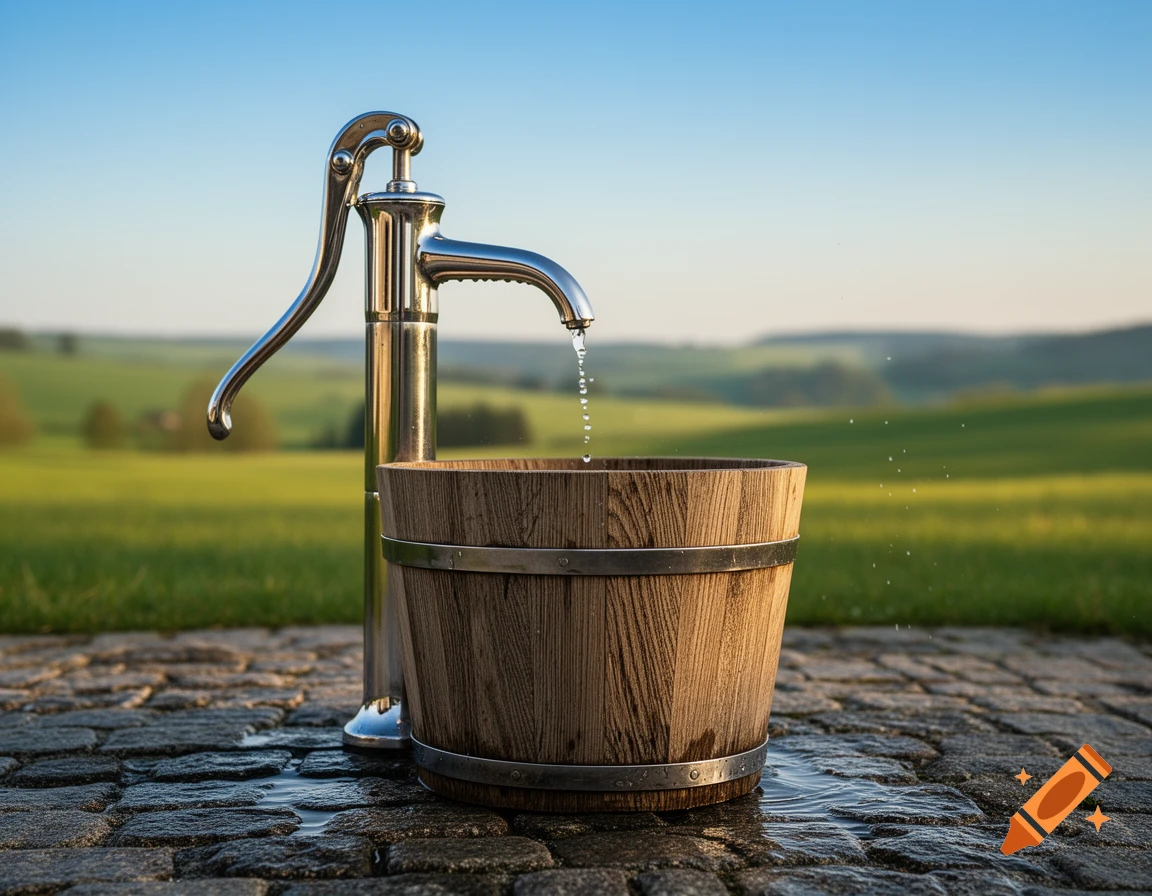 Water drips from a chrome hand pump into a wooden bucket on wet cobblestones, set against a green, hilly landscape.