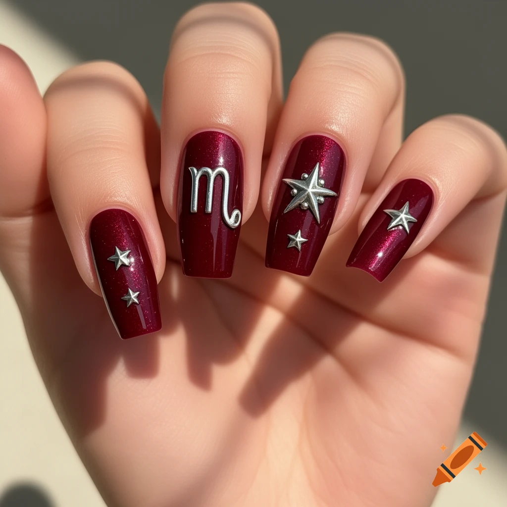Close-up of a hand with dark red coffin nails featuring silver Scorpio zodiac symbols and stars.