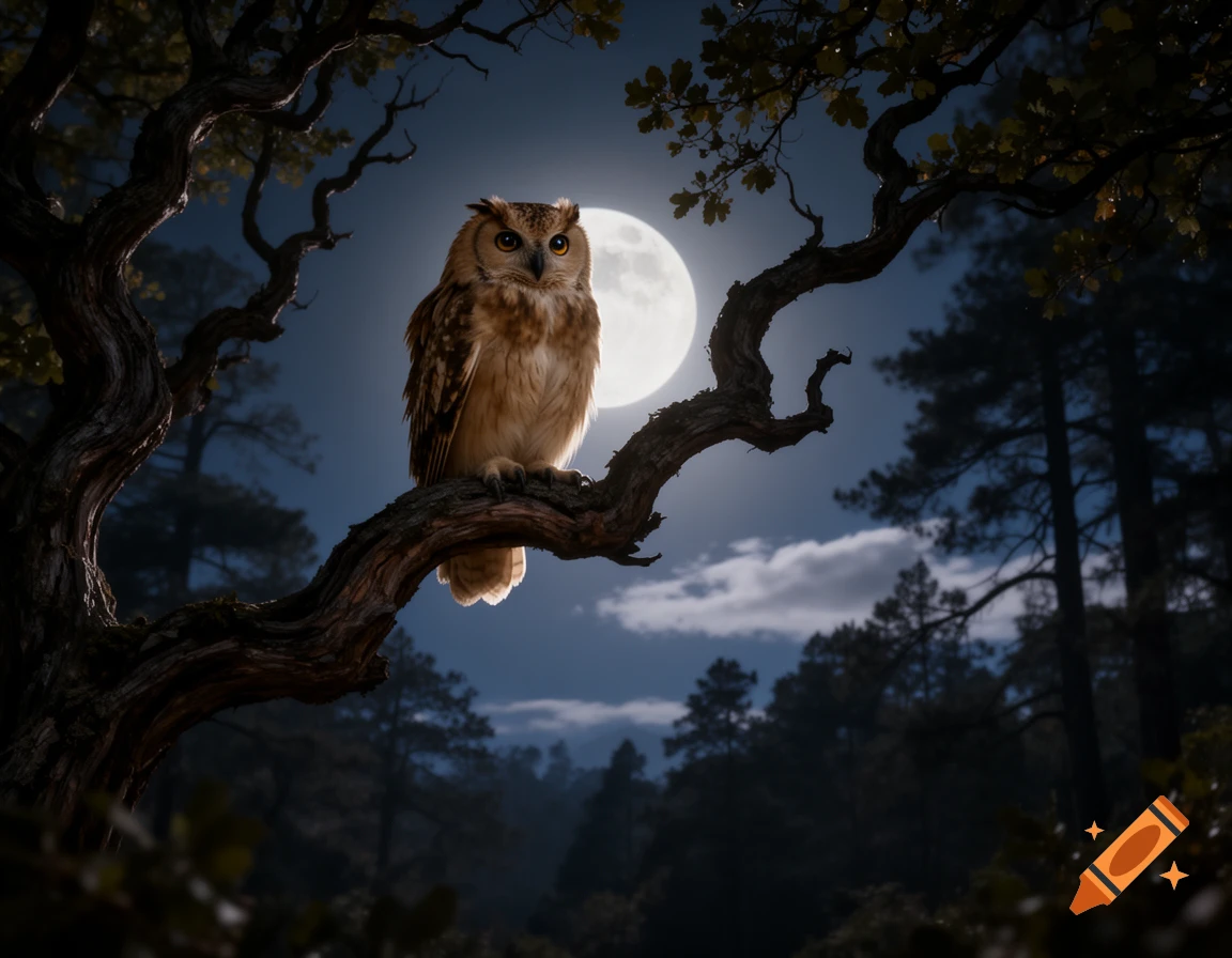 A brown owl perches on a gnarled tree branch, brightly lit by a full moon in a dark forest at night, photorealistic.