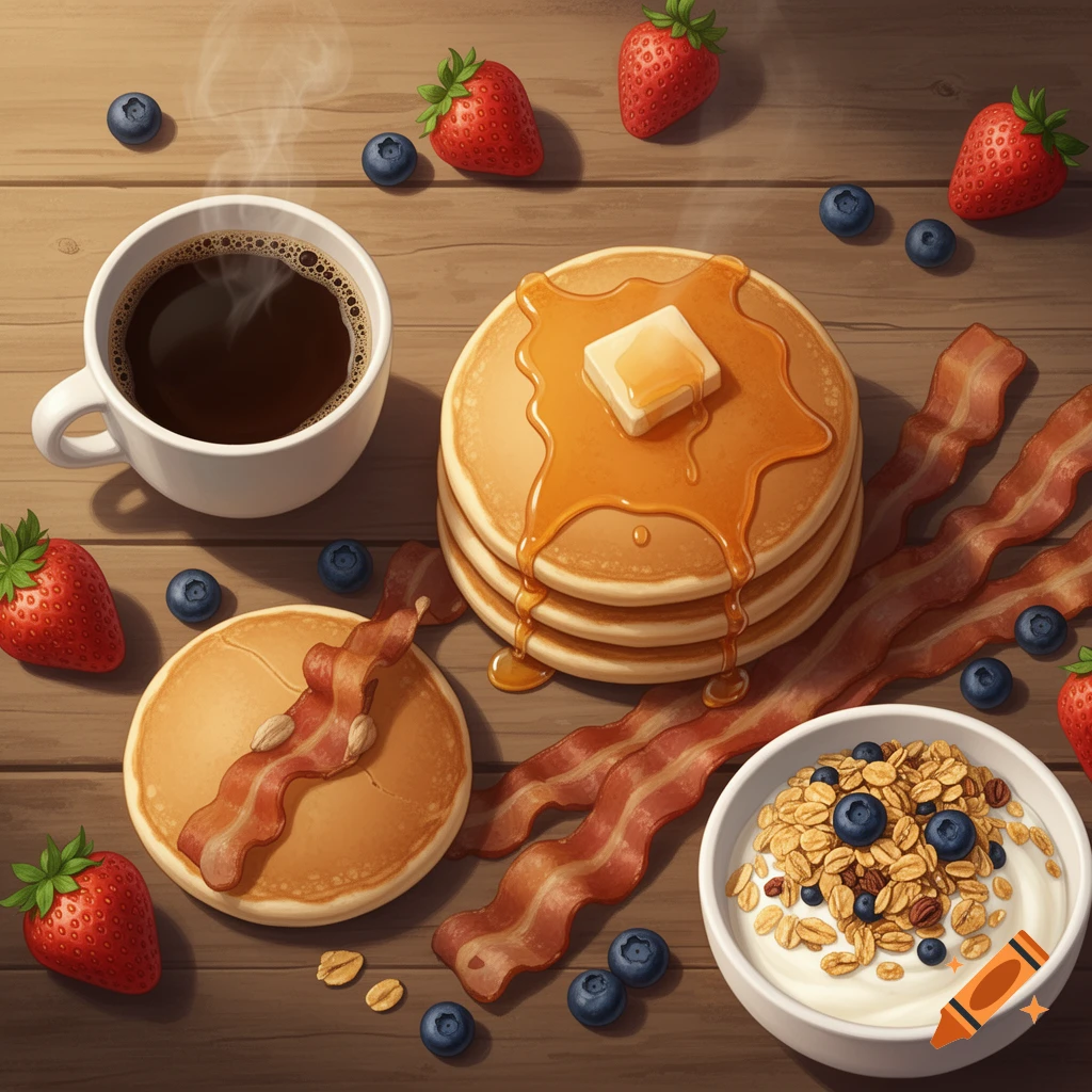 An overhead illustration of a breakfast spread with pancakes, bacon, coffee, strawberries, blueberries, and yogurt on a wooden table.