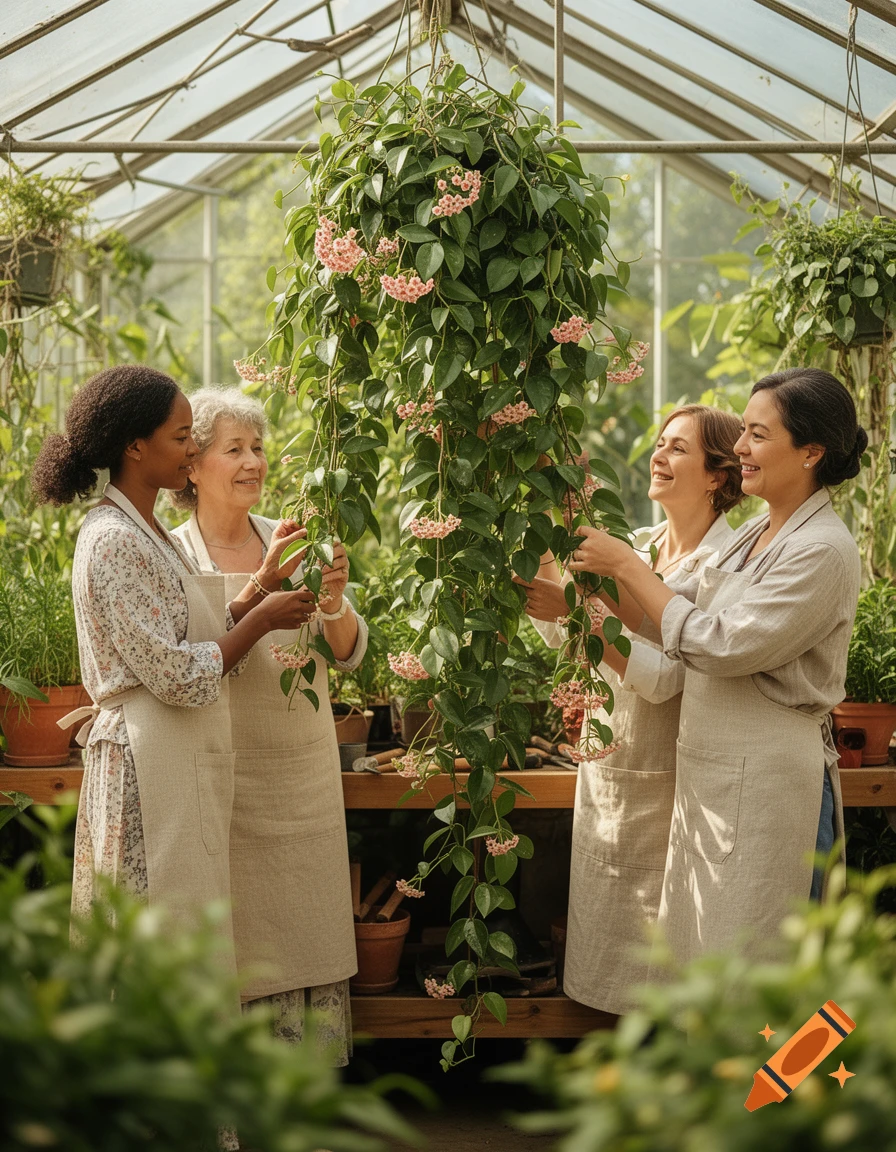 Four women in aprons tending to a large hanging Hoya carnosa plant in a sunlit greenhouse.