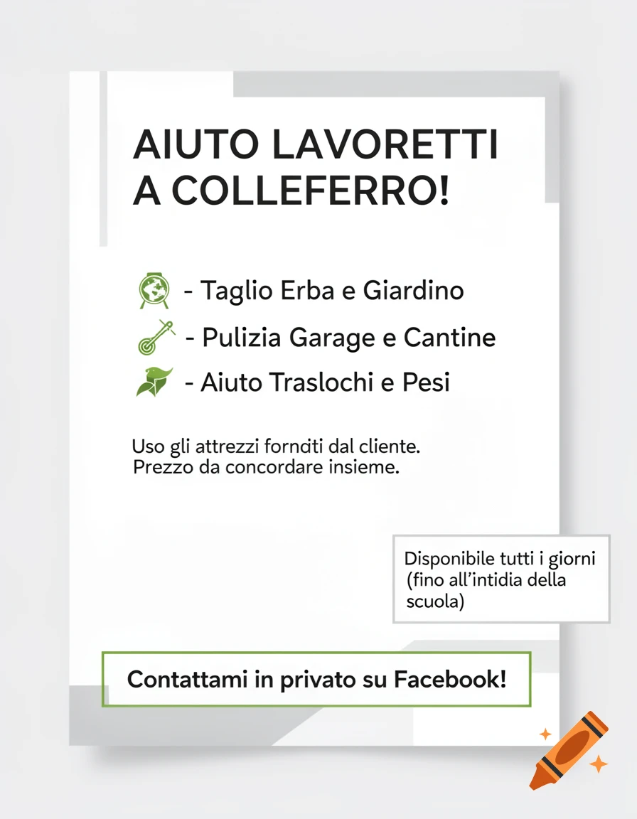 A modern corporate flyer for local services, with a white and light gray background and green accents. It advertises services like lawn mowing, garage cleaning, and moving assistance.